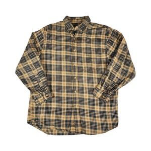 Moose Creek Mens Plaid Flannel Button Down Shirt Tan Blue Brown Cotton Size M